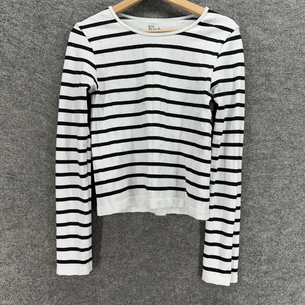 FCT T-Shirt Women XL White Striped Long Sleeve Round Neck Pullover Casual